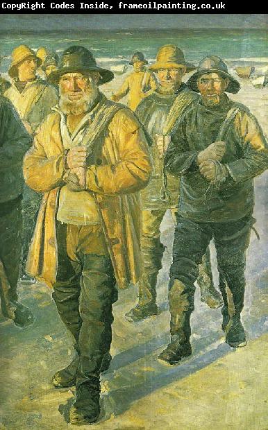 Michael Ancher fiskere pa vej hjem fra nordstranden i aftenbelysning